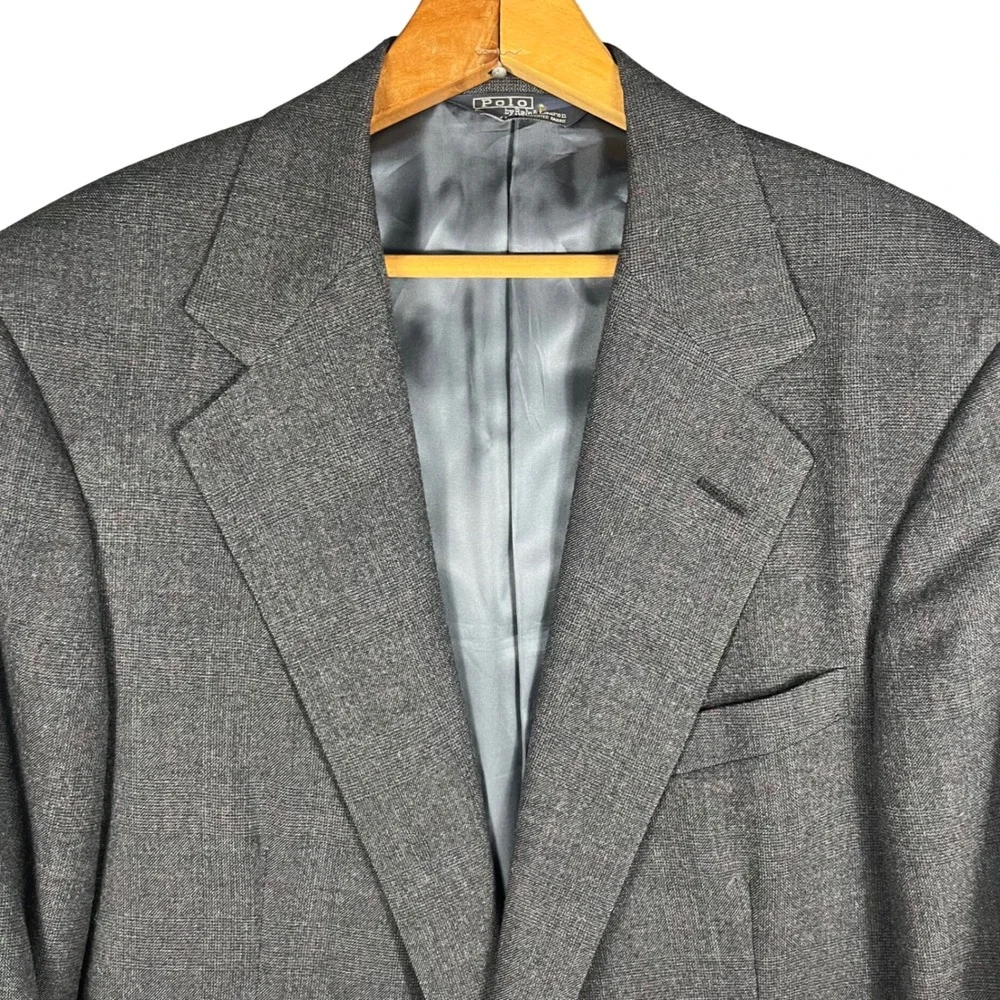 Polo Ralph Lauren Blazer Mens 42L Charcoal Gray‎ Wool Windowpane Sport Coat USA